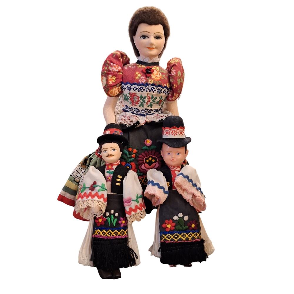 Mezokovesd Vintage Hungarian MATYO Doll lot National Costume 12" 7" folk art
